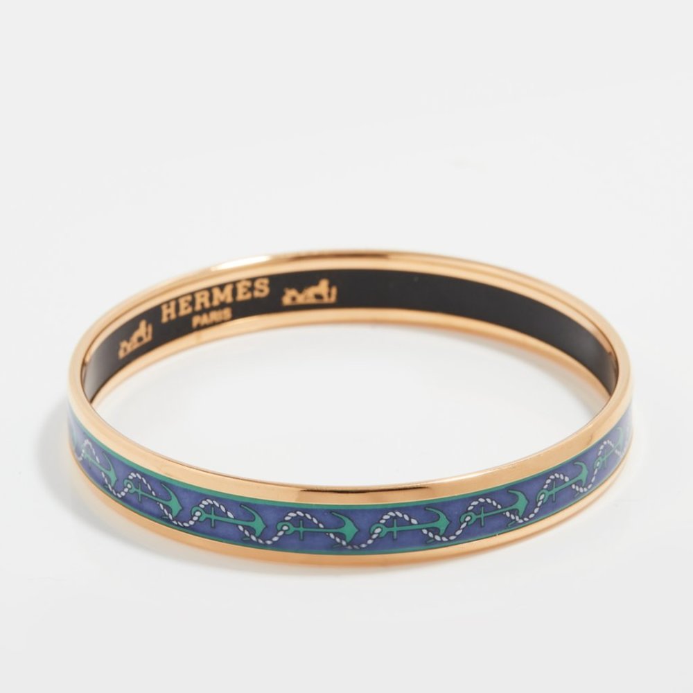 Hermes Narrow Enamel Bangle Blue Anchors